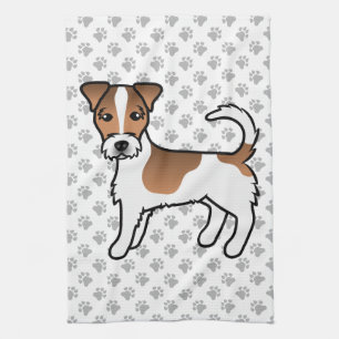 Weißer und brauner Jack-Russell-Terrier-Hund mit r Geschirrtuch