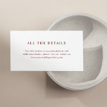 Weißer und dunkelroter Eleganter Text | Angaben zu Begleitkarte<br><div class="desc">Diese minimalistischen und eleganten Gästekarten sind mit dunkelrotem Marontext auf weißem Hintergrund ausgestattet und sorgen für ein schlichtes und stilvolles Aussehen. Geben Sie einfach die Details zu den Unterkünften des Hotels,  den Fahrplänen und anderen wichtigen Informationen für Ihre Gäste ein.</div>