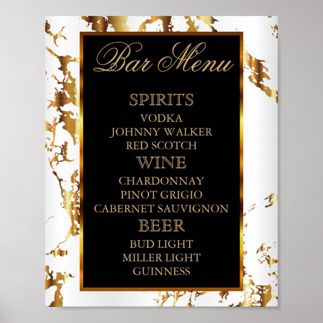 Weißer und goldener Marmor mit Schwarz - Bar Menu Poster (Vorne)