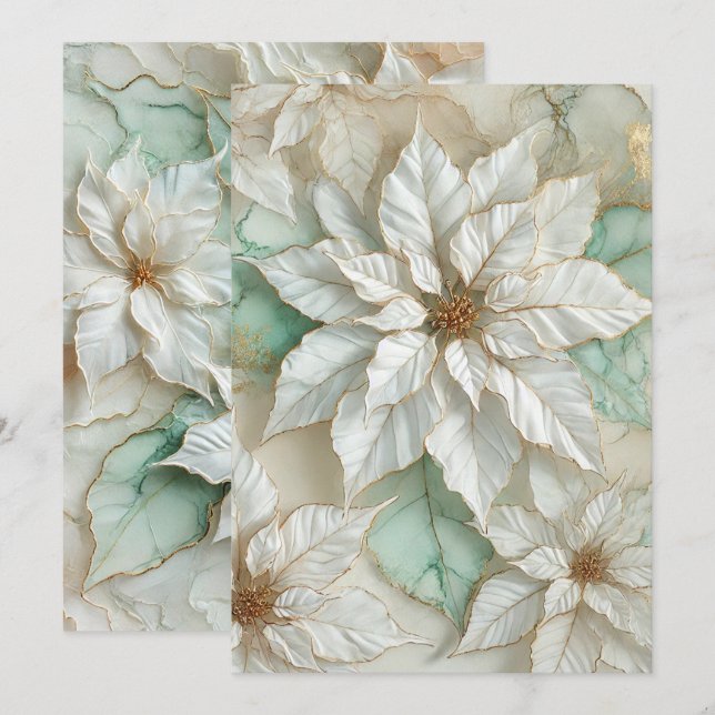 Weißer und minziger Alkohol Tinte Poinsettia Einladung (Vorne/Hinten)