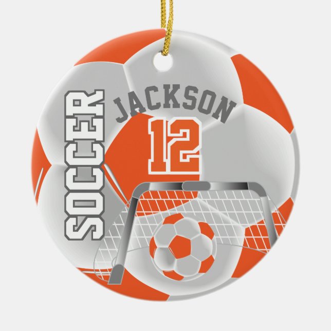 Weißer und orangefarbener Fußballball Keramikornament (Vorne)