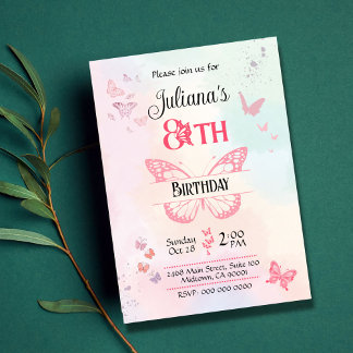 Weißer und rosa Schmetterling Thema 8. Geburtstag Einladung