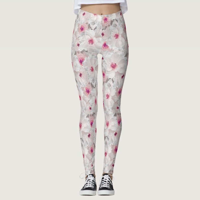 Weißer und rosafarbener Blumen Leggings (Vorderseite)