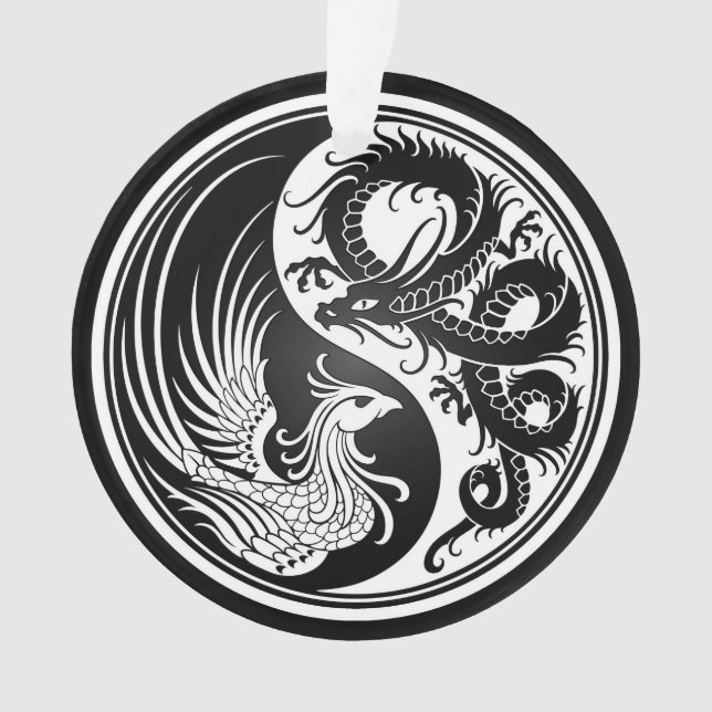 Weißer und schwarzer Drache Phoenix Yin Yang Ornament (Vorderseite)