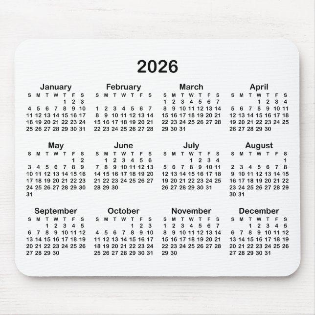 Weißer und schwarzer Kalender 2026 Mousepad (Vorne)