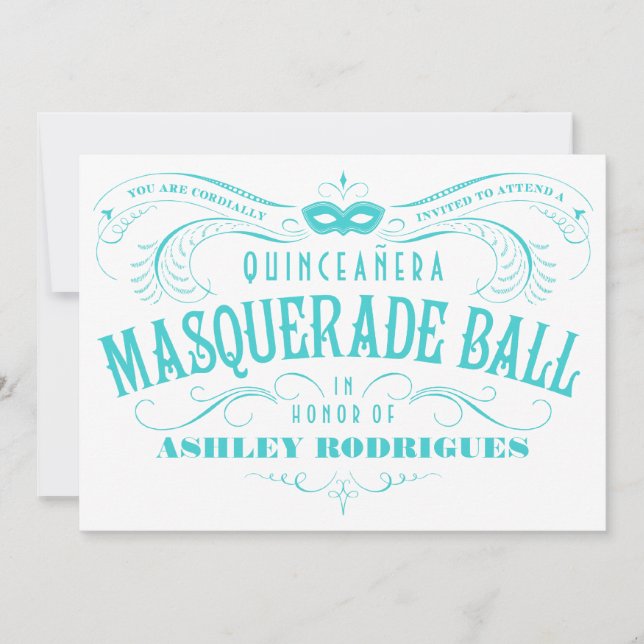 Weißer und türkisfarbener Quinceanera Masquerade Einladung (Vorderseite)