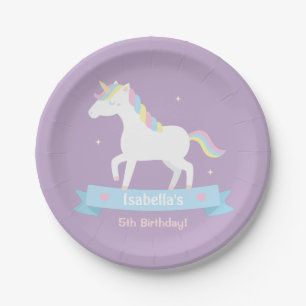 Weißer Unicorn-Mädchen-Geburtstags-lila Pappteller