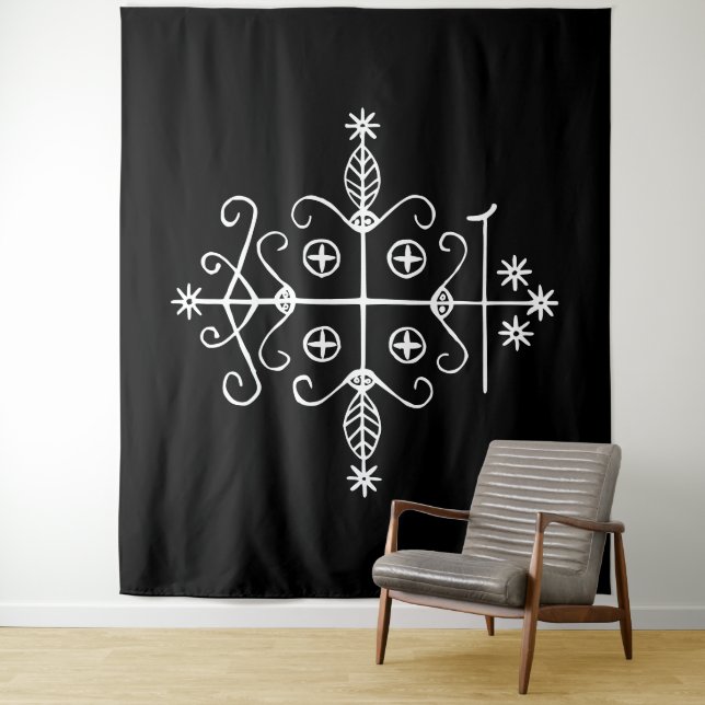 Weißer Veve von Papa Legba auf Schwarz Wandteppich (Beispiel)