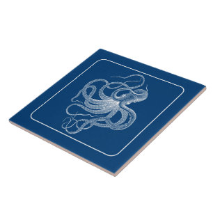 Weißer Vintage-nautischer Oktopus auf Navyblau Fliese