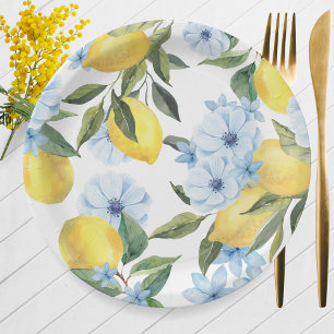 Weißer Wasserfarben Lemon und Blume Pappteller