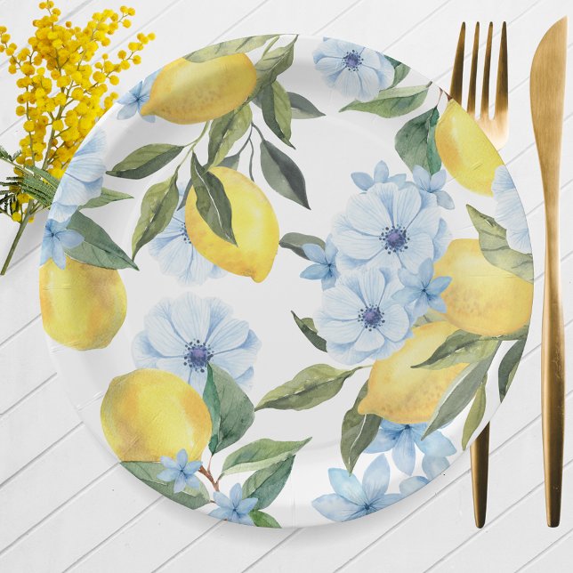 Weißer Wasserfarben Lemon und Blume Pappteller (Watercolor Lemon & Blue Flower Paper Plates for Main Squeeze Bridal Shower or Little Lemon Baby)