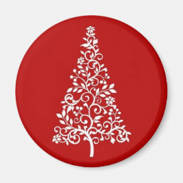 Weißer Weihnachtsbaum auf rotem Rundmagnet Magnet