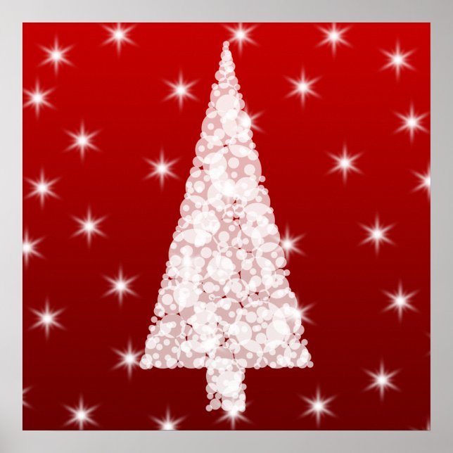 Weißer Weihnachtsbaum mit Sternen auf Rot. Poster (Vorne)