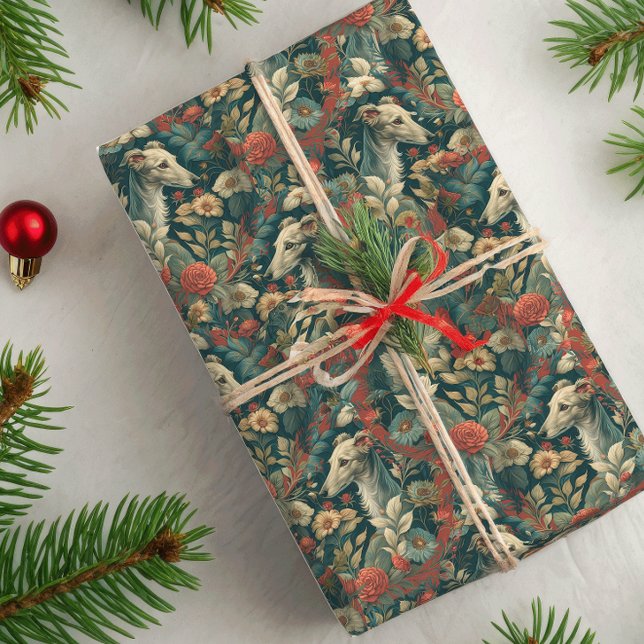 Weißer Whippet oder Iggie William Morris Stil Blum Geschenkpapier (Von Creator hochgeladen)
