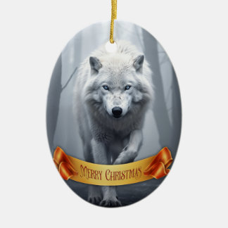 Weißer Wolf im Foggy Forest Keramik Ornament
