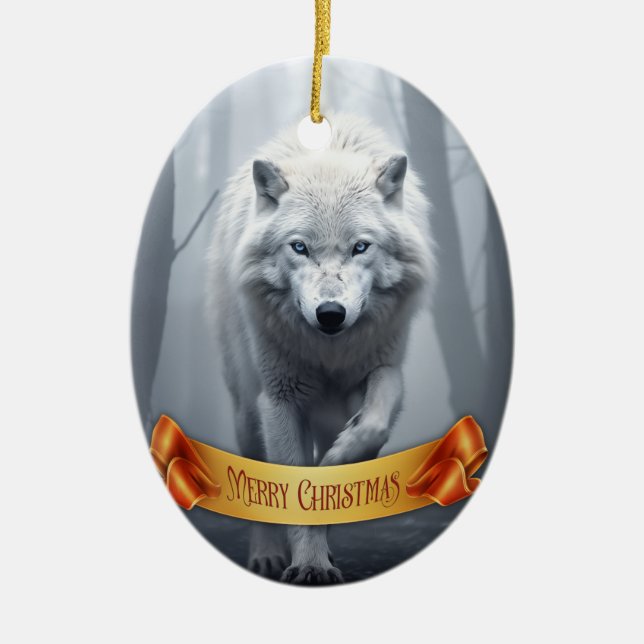 Weißer Wolf im Foggy Forest Keramik Ornament (Vorne)