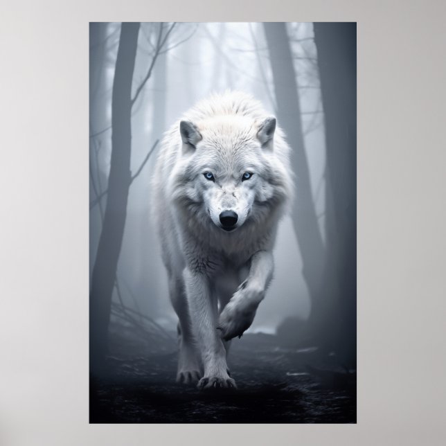 Weißer Wolf im Foggy Forest Poster (Vorne)