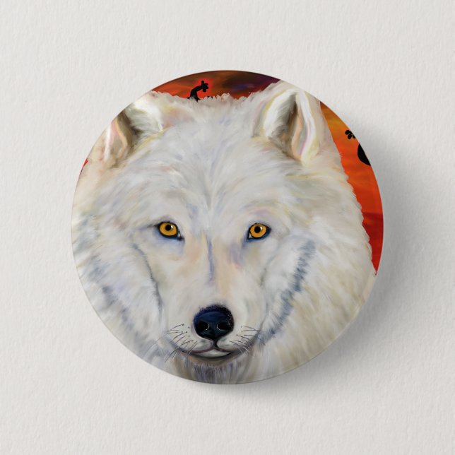 Weißer Wolf Kokopelli Button (Vorderseite)