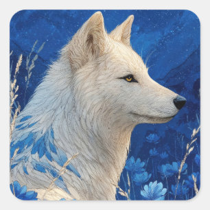 Weißer Wolf mit blauem Blumenfellmuster Kunst Quadratischer Aufkleber