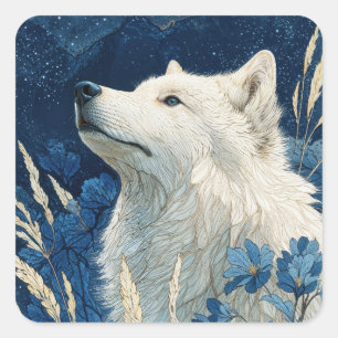 Weißer Wolf mit blauen Blumen und Sternennacht Quadratischer Aufkleber