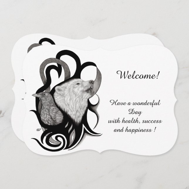 Weißer Wolf mit Raven , deinen Text hinzufügen Einladung (Vorne/Hinten)