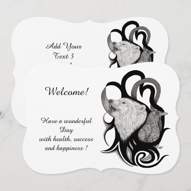 Weißer Wolf mit Raven , Fügen Sie Ihren Text Einla Einladung (Vorne/Hinten)