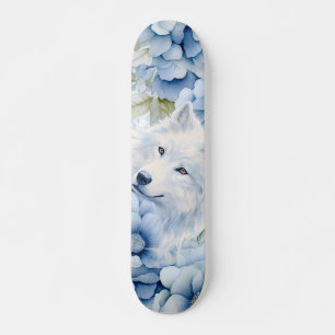 Weißer Wolf Pastellblaue Wasserfarben Florals Skateboard