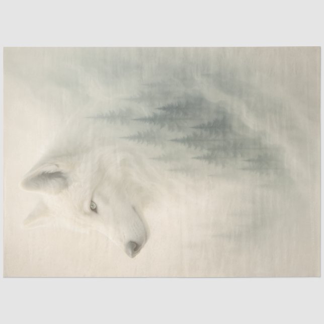 Weißer Wolf-Porträt mit Wald-Overlay-Decoupage  Seidenpapier (Vorderseite)