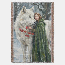 Weißer Wolf Rotschopf Druidin Winterbeeren Fantasy