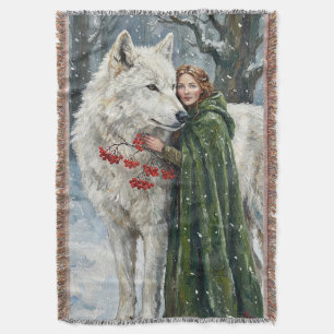 Weißer Wolf Rotschopf Druidin Winterbeeren Fantasy Decke