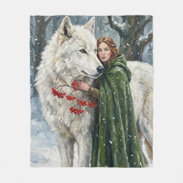 Weißer Wolf Rotschopf Druidin Winterbeeren Fantasy Fleecedecke