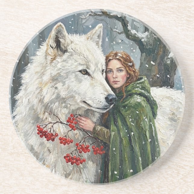 Weißer Wolf Rotschopf Druidin Winterbeeren Fantasy Getränkeuntersetzer (Vorne)