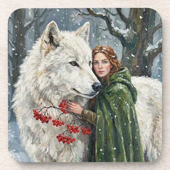 Weißer Wolf Rotschopf Druidin Winterbeeren Fantasy Getränkeuntersetzer (Vorderseite)