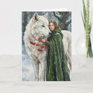 Weißer Wolf Rotschopf Druidin Winterbeeren Fantasy Karte