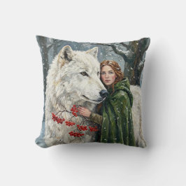 Weißer Wolf Rotschopf Druidin Winterbeeren Fantasy Kissen