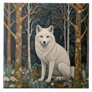 Weißer Wolf Vintage Boho Wald Forst  Fliese