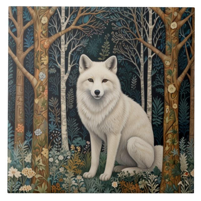 Weißer Wolf Vintage Boho Wald Forst  Fliese (Vorderseite)