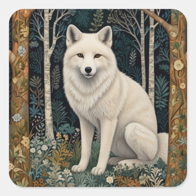 Weißer Wolf Vintage Boho Waldlandschaft  Quadratischer Aufkleber (Vorderseite)
