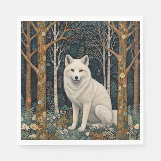 Weißer Wolf Vintage Boho Waldlandschaft Serviette (Vorderseite)