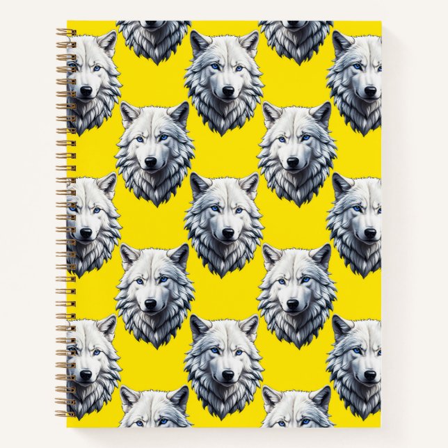 Weißer Wolfkopf-Musterdesign Gelb  Notizbuch (Vorderseite)