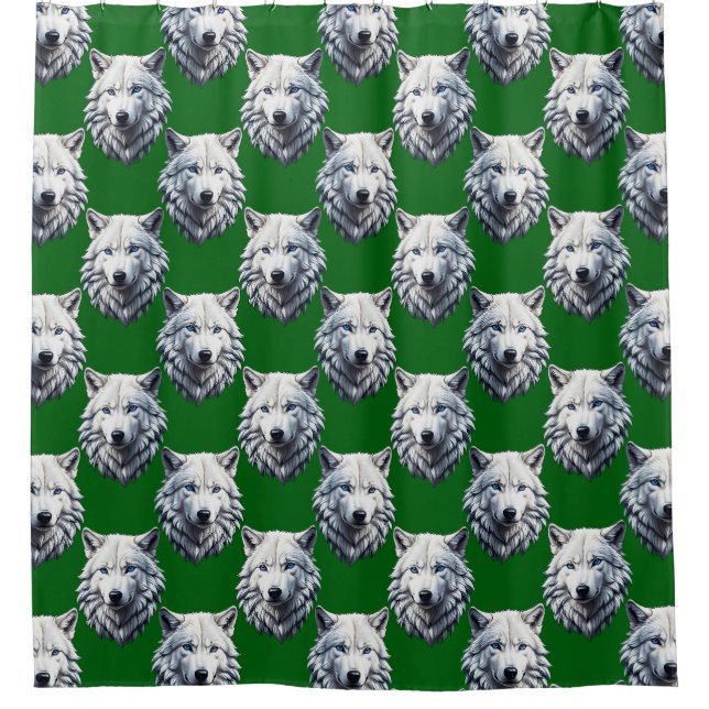 Weißer Wolfkopf-Musterdesign Grün Duschvorhang (Vorderseite)