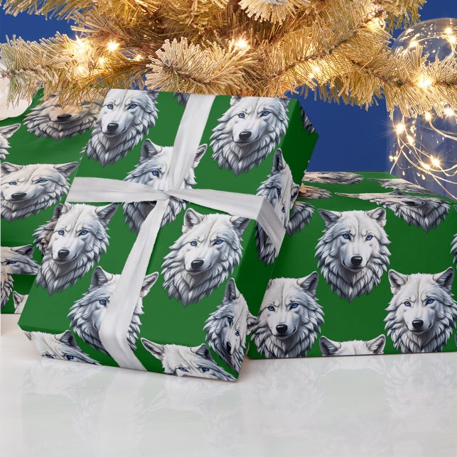 Weißer Wolfkopf-Musterdesign Grün Geschenkpapier (Von Creator hochgeladen)