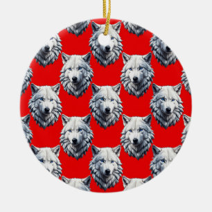 Weißer Wolfkopf-Musterdesign - Rot Keramik Ornament