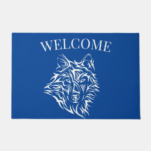Weißer Wolfskopf auf Blau Fußmatte