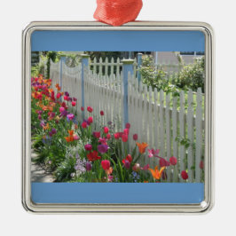 Weißer Zaun mit Tulips-Urlaubsornament Silbernes Ornament