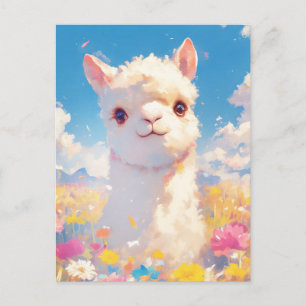 Weißes Alpaka auf einem farbenfrohen Wildblumenfel Postkarte