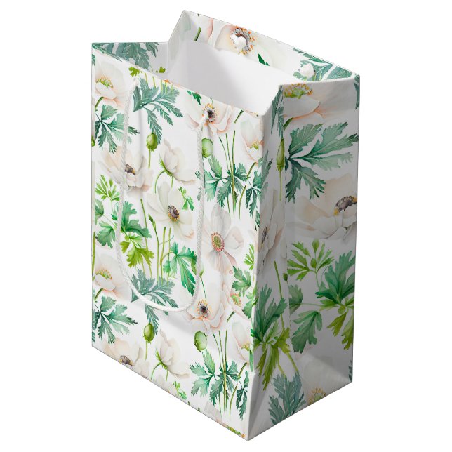 Weißes Anemon Blume auf Creme Mittlere Geschenktüte (Vorderseite Schrägansicht)