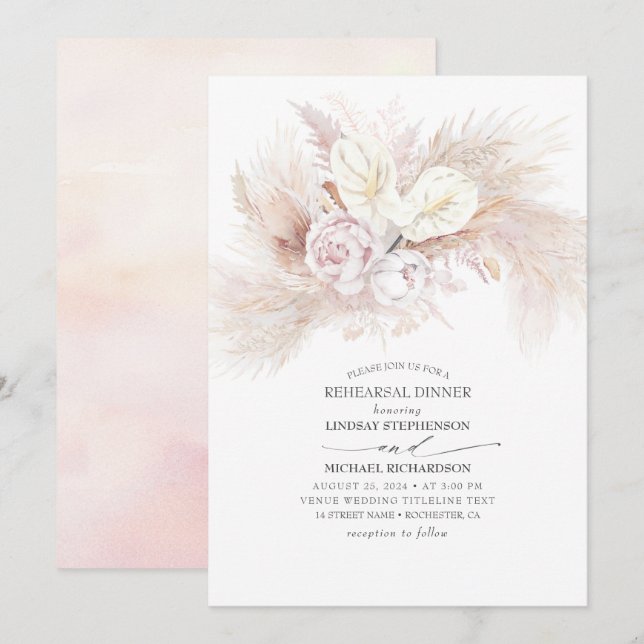 Weißes Anthurium und Pampas Gras Probe Abendessen Einladung (Vorne/Hinten)