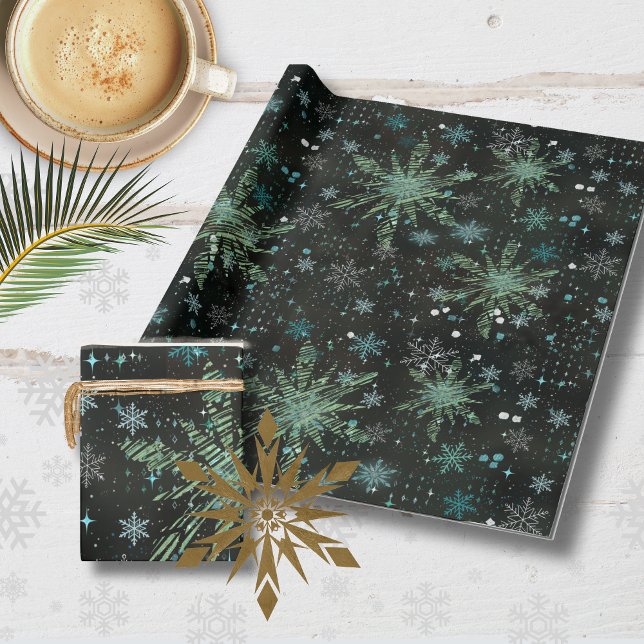 Weißes Aquamarines blaues Schneeflocken Geschenkpapier (White Teal Blue Snowflakes Black Wrapping paper )
