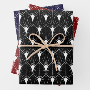 Weißes Art Deco-Muster auf Schwarz Geschenkpapier Set